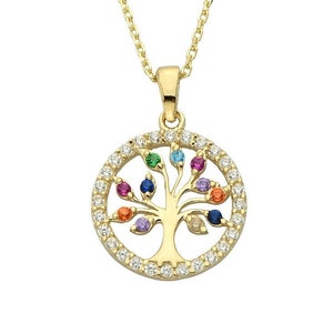May include: A gold necklace with a round pendant featuring a tree with colorful gemstones and a border of clear stones.