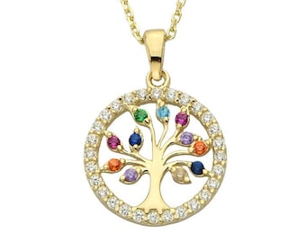 14K Gold Family Tree Necklace- Gemstone Tree of Life Pendant - Christmas Gift- Family Birthstone Necklace- Family Necklace