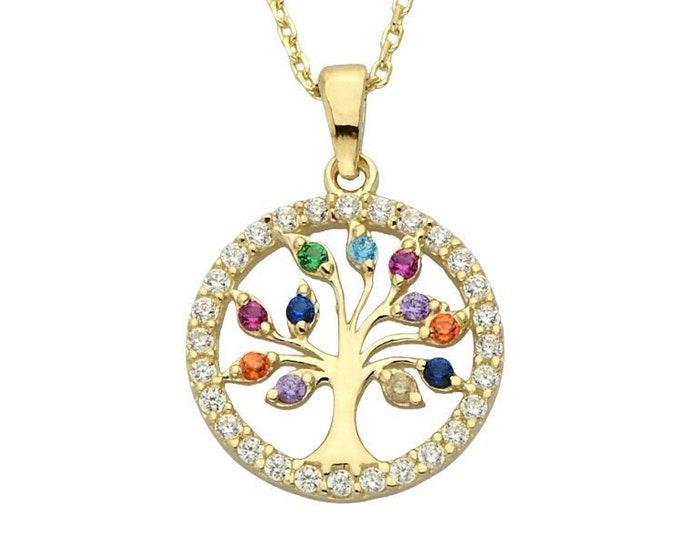 14K Real Gold Family Tree Necklace-Gemstone Generational Tree Necklace-Multicolor Circle Tree Of Life Jewelry -Birthday Gift- Christmas Gift