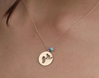 14K Solid Gold Mom Hug Baby Necklace W/Evil Eye