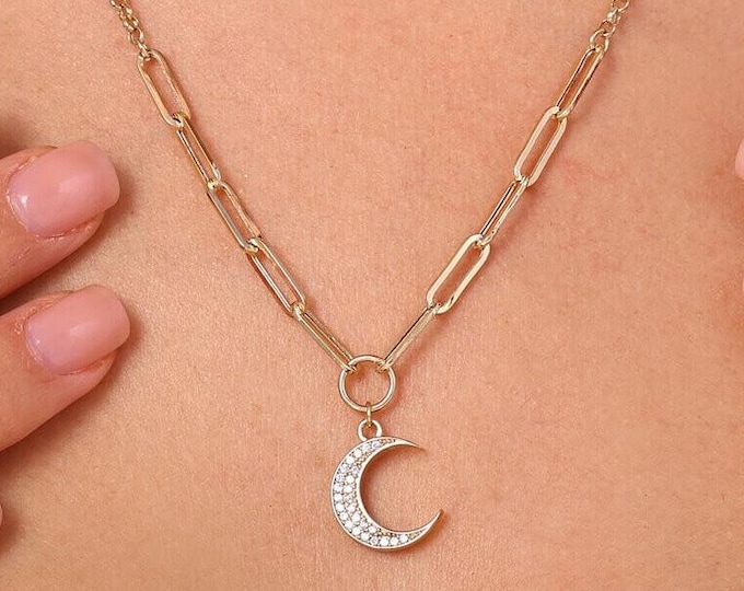 14K Gold Moon Necklace W/ Paperclip & Rolo Chain