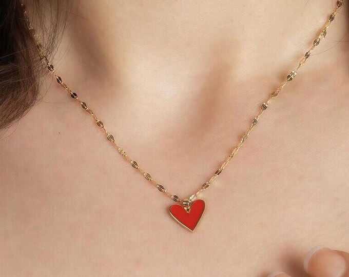 14K Gold Red Heart Necklace with Sparkle Diamond-Cut Chain