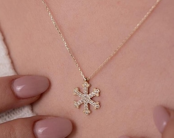 14K Gold Cz Snowflake Necklace