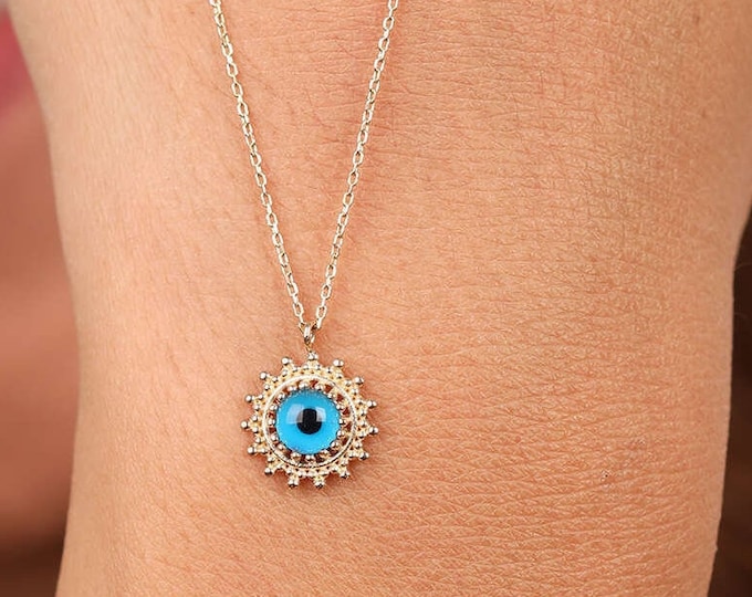 14K Solid Gold Evil Eye Necklace
