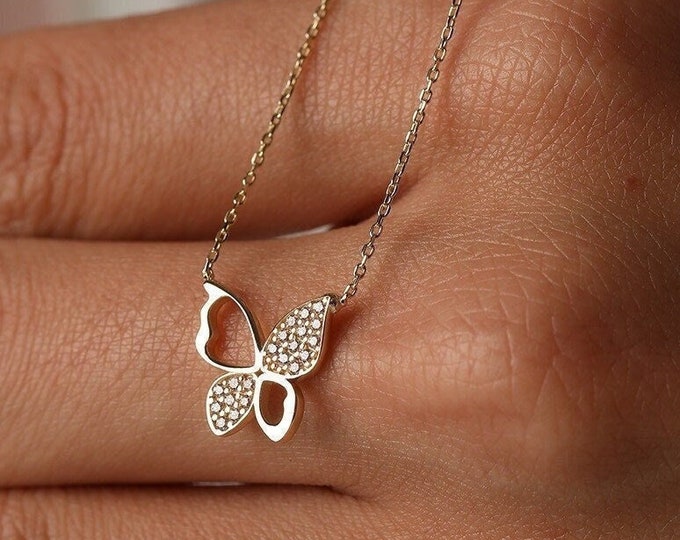14K Gold Minimalist Cz Butterfly Necklace