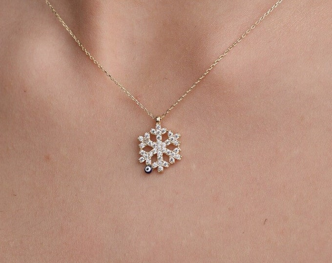14K Real Gold Snowflake Necklace W/ Evil Eye