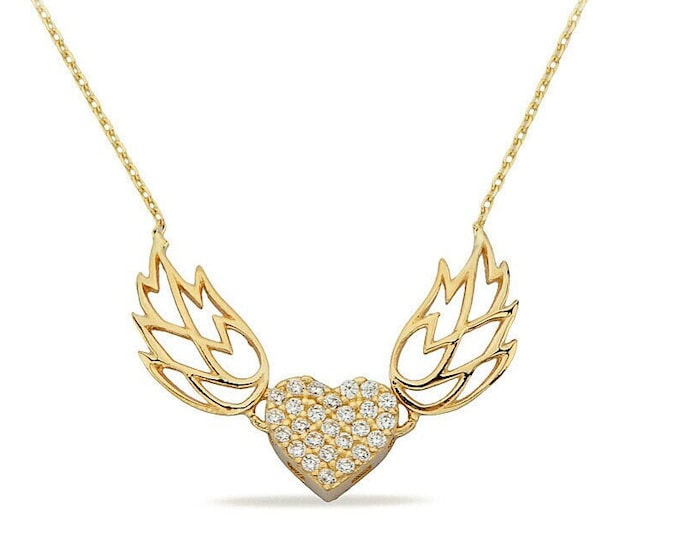 14K Gold Angel Wings W/ Heart Necklace