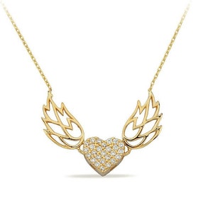 14K Gold Angel Wings W/ Heart Necklace- Heart Angel Wings Necklace-  Heart Jewelry- Anniversary Gift- Birthday Gift - Mother&#39;s Day Gift