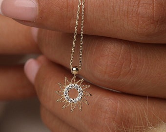 14K Gold Cz Sun Necklace