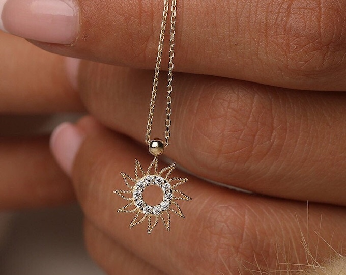 14K Gold Cz Sun Necklace