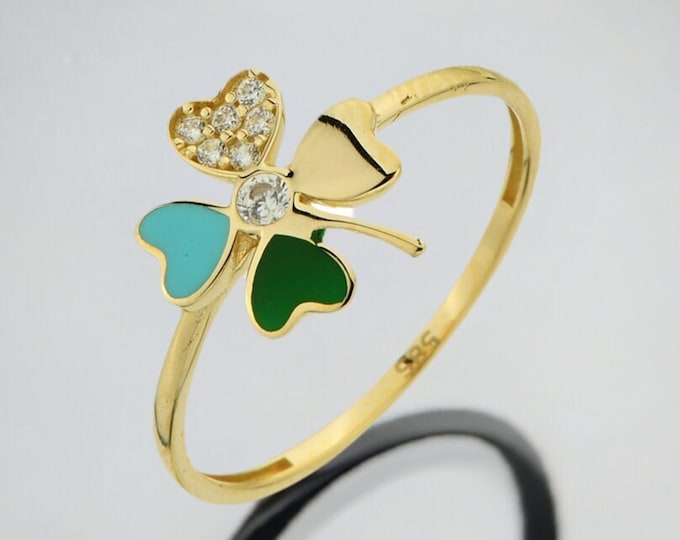 14K Yellow Gold Enamel Clover Ring- Minimalist Clover Ring-  4 Leaf Clover Ring- Anniversary Ring- Lucky Ring- Birthday Gift -Gift For Her