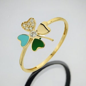 14K Yellow Gold Enamel Clover Ring- Minimalist Clover Ring-  4 Leaf Clover Ring- Anniversary Ring- Lucky Ring- Birthday Gift -Gift For Her