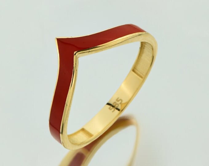 14K Gold Red Enamel Venice Chevron Ring