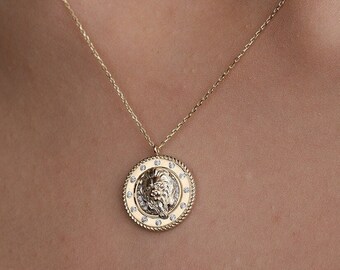 14K Gold Lion Head Medallion Necklace