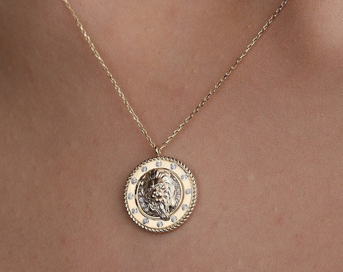 14K Gold Lion Head Medallion Necklace
