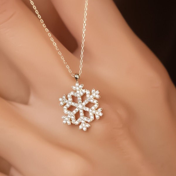 14K Gold Schneeflocke Halskette - Italienische Schneeflocke Anhänger - Volle Pave Schneeflocke Halskette für Frauen - Muttertagsgeschenk - Geburtstagsgeschenk