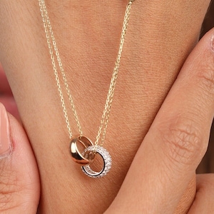 14K Gold Closed Interlocking Necklace -Cz Interlocking Circles Couple Necklace-- Wedding Gift- -Anniversary Gift-Valentine's Day Gift