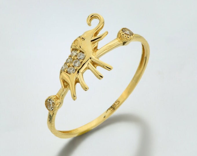 14K Gold Cz Elephant Ring- Good Lucky Elephant Charm Ring- Animal Ring- Stackable Elephant Ring- Birthday Gift- Anniversary Gift