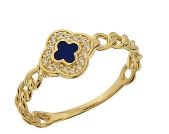 14K Gold Clover Chain Ring /Minimalist  Enamel Clover Ring/ Venice Link Ring /14K Gold Open Linked Ring/ Promise Ring/ Lucky Ring/Gift Her