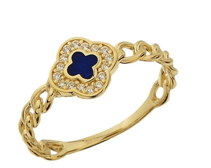 14K Gold Cz Clover Chain Ring