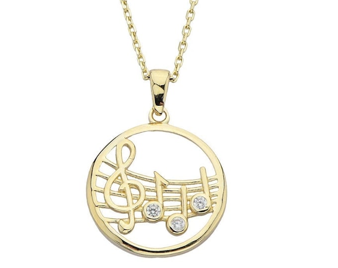 Cz Disc Musical Notes Charm  Necklace