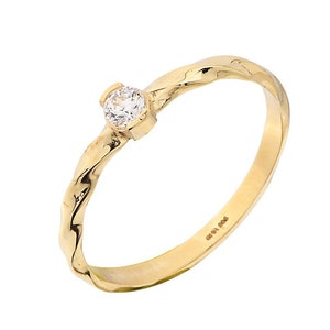 14K Gold CZ Solitaire Ring: Thin Gold Wedding Band