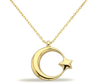 14K Real Gold Moon Star Charm Necklace