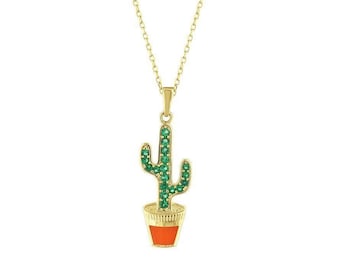 14K Gold Cactus Necklace W/Gemstone