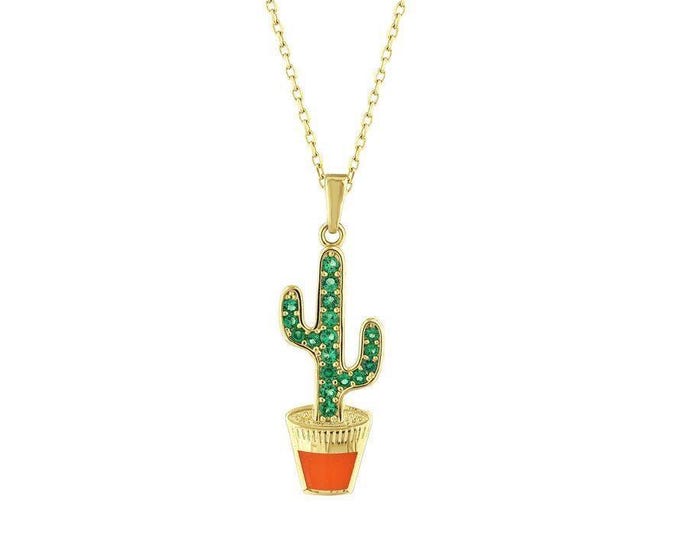14K Gold Cactus Necklace W/Gemstone