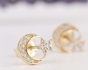 14K Gold Cz Moon and Star Earrings