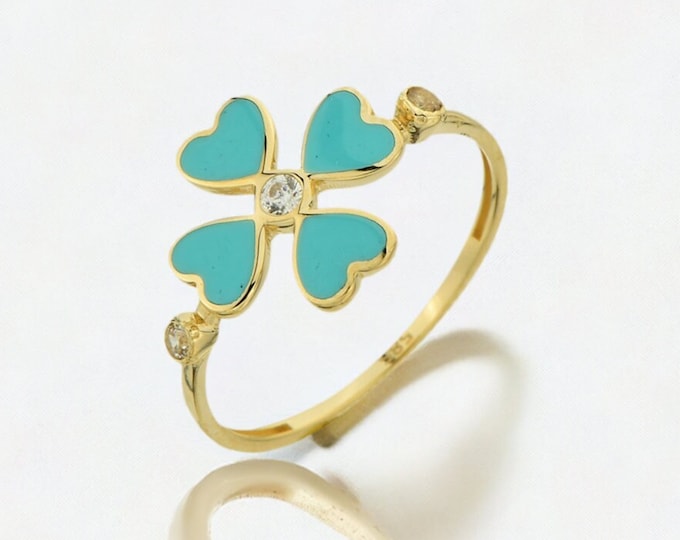 14K Yellow Gold Enamel Clover Ring- Turquise Enamel Clover Ring- 4 Leaf Gold Clover Ring- Anniversary Ring- Lucky Charm Ring-  Birthday Gift