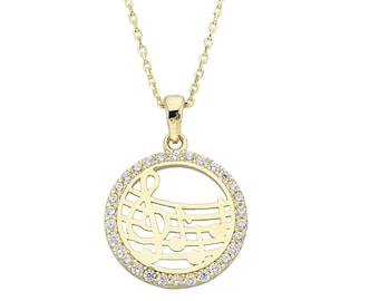 Pave Disc Musical Notes Charm Necklace