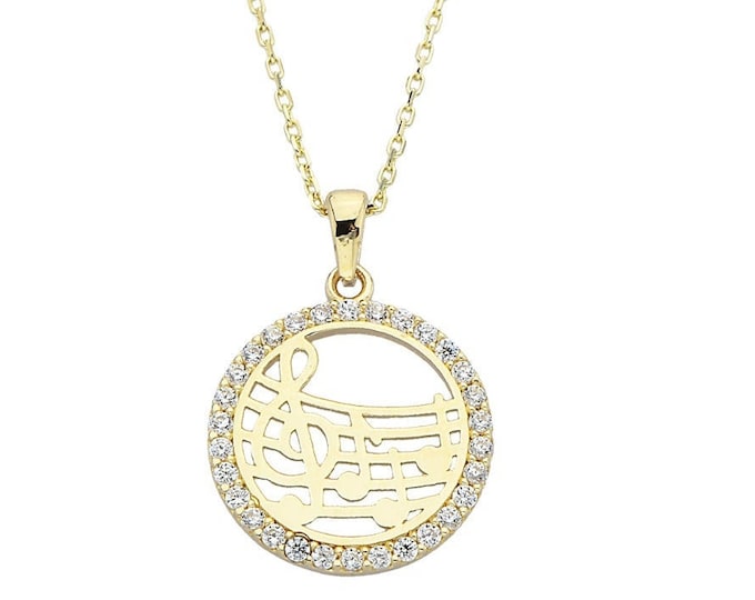 Pave Disc Musical Notes Charm Necklace