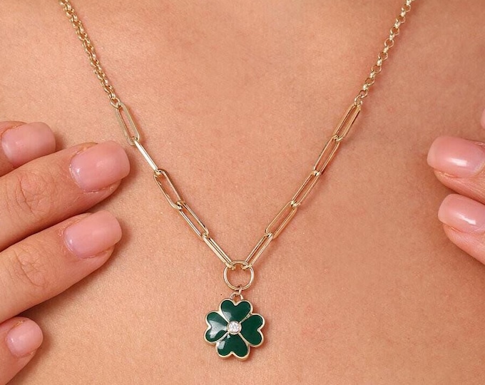 Enemal Green Clover W/ Paperclip & Rolo Chain
