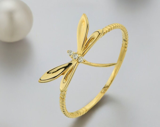 14K Gold Dragonfly Ring-Cute Cz Dragonfly Ring- Stacking Dragonfly Animal Ring For Women- Animal Jewelry-Anniversary ring- Birthday Gift