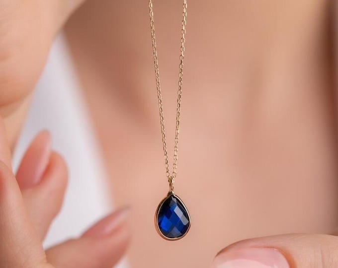 14K Gold  Blue Sapphire Pear Shaped Necklace