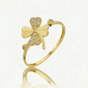 14K Gold Cz Clover Ring-  Elegant Clover Ring-  4 Leaf Clover Ring- Stackable Clover Ring- Anniversary Ring- Lucky Ring- Birthday Gift