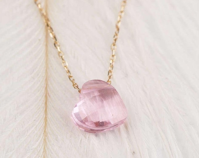 14K Gold Pink Puffy Heart Necklace