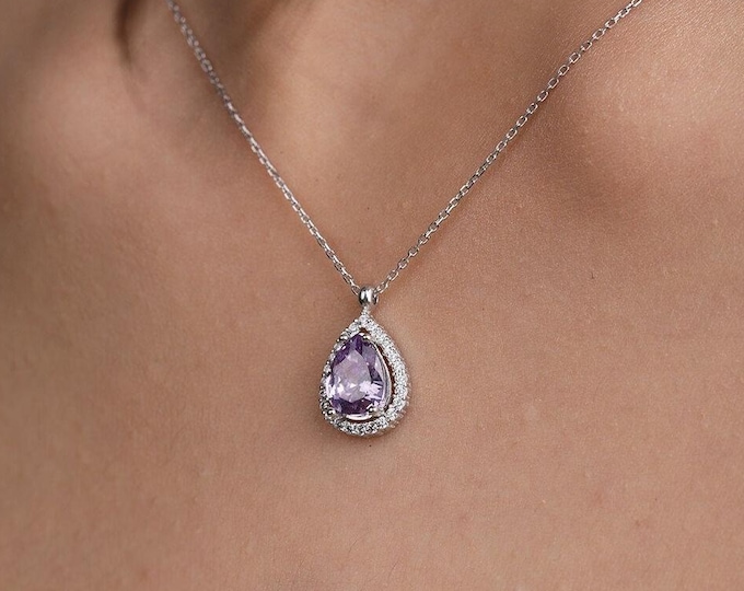 14K Gold Amethyst Halo Necklace