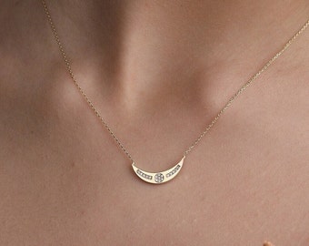 14K Real Gold  Cz Half Moon Necklace- Minimalist Crescent Half Moon Necklace- Half Pave Moon Necklace- Moon Half Jewelry- Birthday Gift