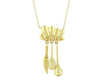 14K Gold Chef Necklace, Cooking Pendant Necklace