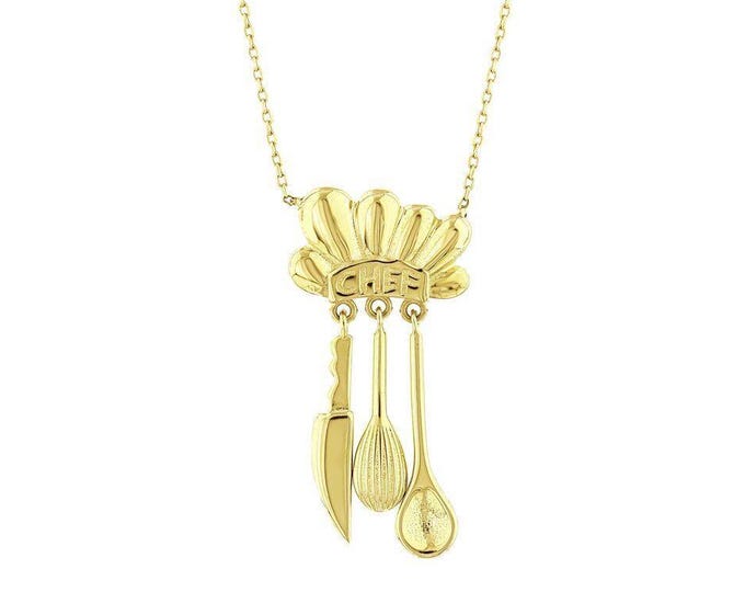 14K Gold Chef Necklace, Cooking Pendant Necklace