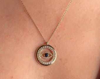 14K Gold Round Evil Eye Necklace