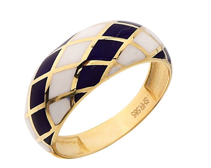 Checkerboard Ring in 14K Gold - Gold Checker Dome Ring- Navy and White Enamel Checkered Ring- Anniversary Ring- Birthday Gift