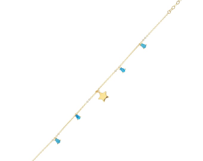 14K Gold Dangle Blue Gemstone &Star Anklet -Foot Anklet Bracelet-  Handmade Birthstone Anklet - Beach Jewelry- Gift For Bridal