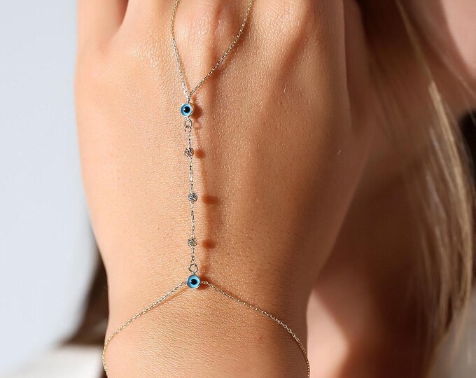 14K Gold Evil Eye Hand Chain Bracelet