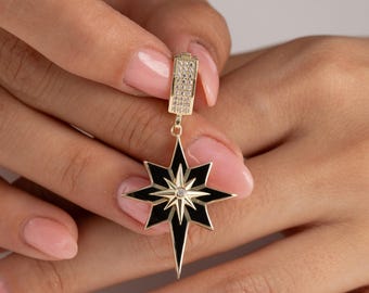 Gold Cz North Star Pendant W/Black Enamel