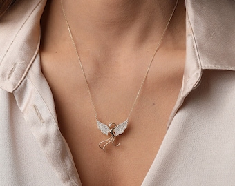 14K Gold Cz Pave Phoenix Necklace