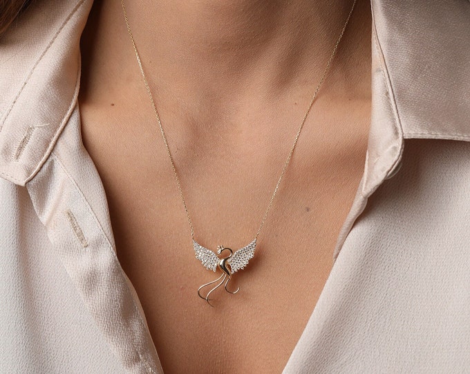 14K Gold Cz Pave Phoenix Necklace