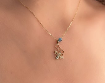 14K Gold Honeycomb Bee Charm Necklace